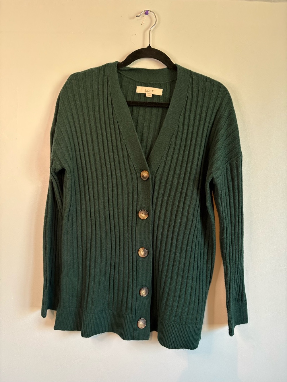 LOFT Dark Green Ribbed V-Neck Button-Front Cardigan